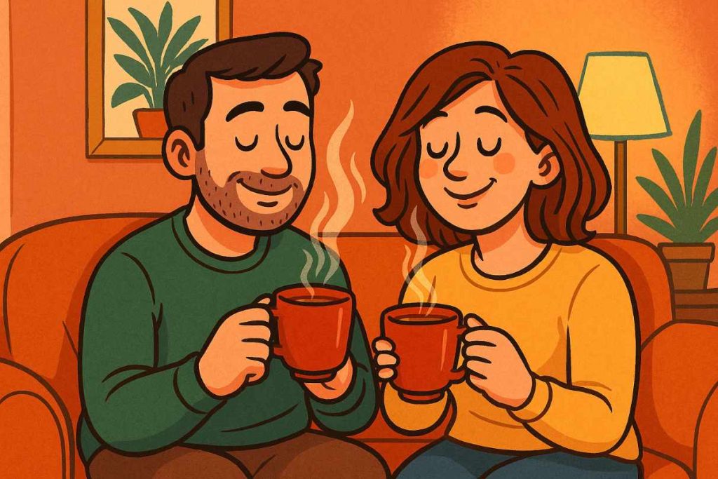 couple qui boit du rooibos dans une ambiance cosy